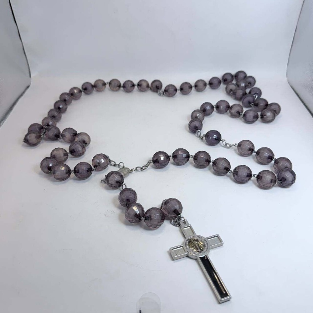 St Benedict Rosary Necklace Purple Faceted Beads Miraculous Medal 38 Inch Silver